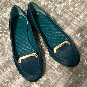 Tory Burch “Jess” Calf Hair Flats in Electric Eel Blue/Teal